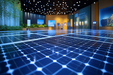 Explore an engaging interactive exhibit showcasing innovative renewable energy solutions in a modern gallery setting