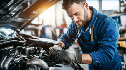 Dedicated auto mechanic in blue uniform skillfully repairs a cars engine during a busy workshop session