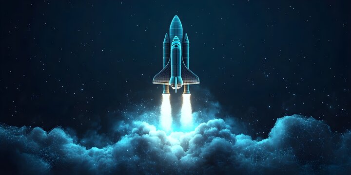 Abstract space shuttle launches into space. Glowing rocket and smoke under it. Digital start-up and success concept.
