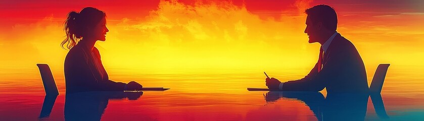 A manager and employee discussing performance goals in a modern meeting room, leaving space for a headline at the top. 3D illustration