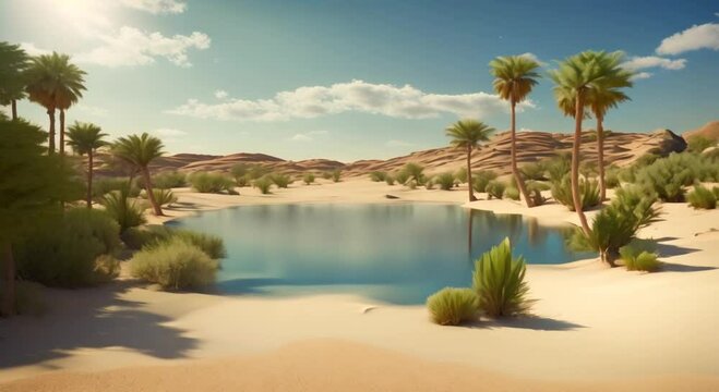 A tranquil desert oasis with clear blue water pools surrounded by lush greenery and sand dunes under high contrast midday sunlight 4k animation
