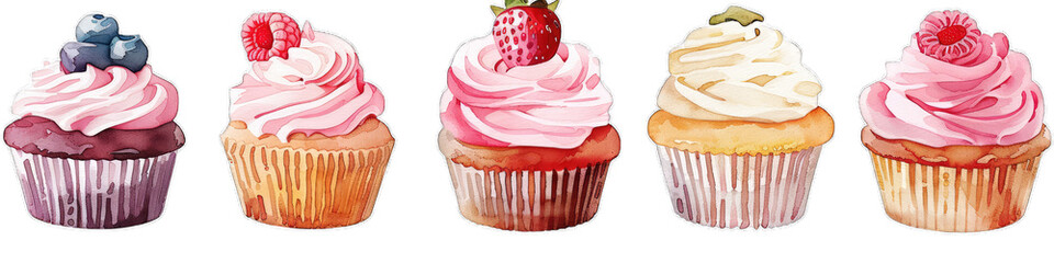 A set of six cupcakes in various colors and designs