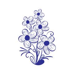 Vector silhouette of a bouquet of decorative flowers on a white background blue ornament element