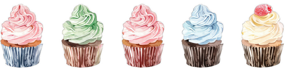 A set of six cupcakes in various colors and designs