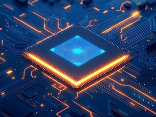Brightly glowing AI chip on light circuit board on technology blue background. CPU processor or semiconductor on tech bg. Computer microchip on motherboard.