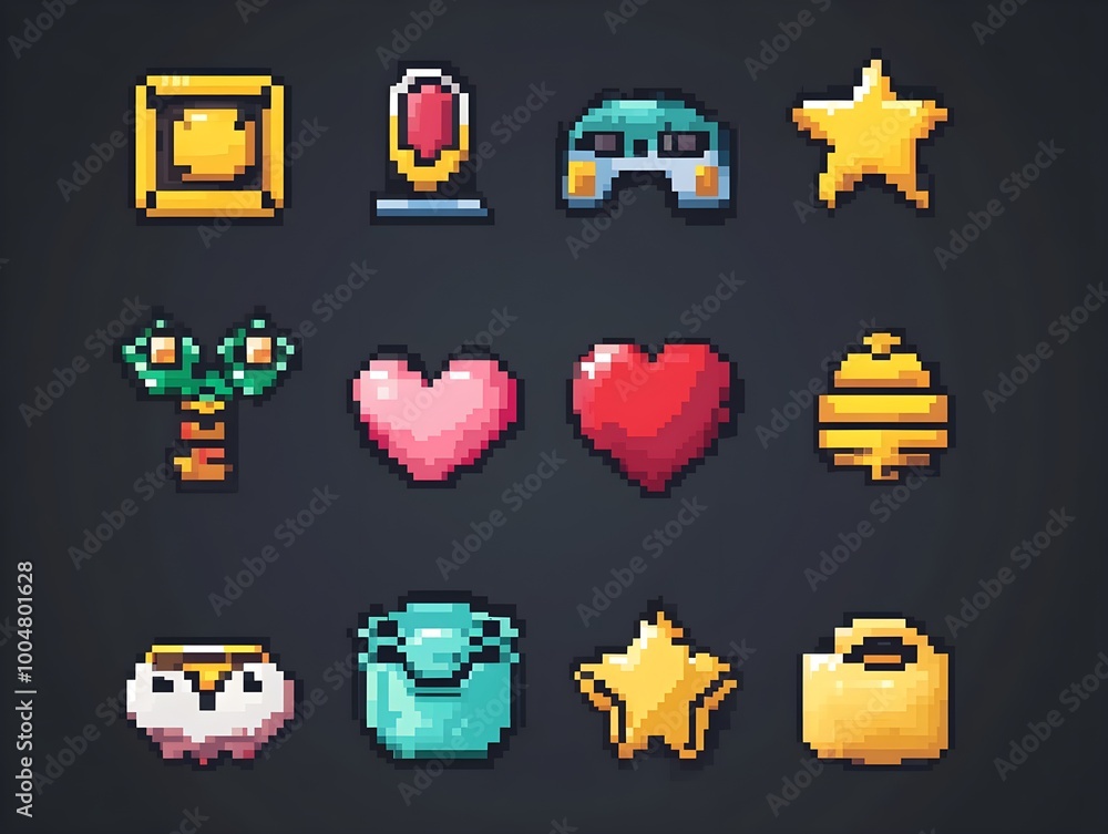 Fototapete pixel game icon. retro video games element, arcade ui button, digital console 8-bit interface, pixel