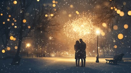 Rear view of family watch their New Year fireworks display amazement and delight in a snowy park in front of firework display