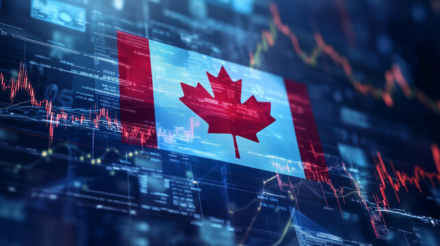 The vibrant Canadian flag stands proudly amidst a backdrop of digital innovation and financial growth in a modern urban landscape - Powered by Adobe