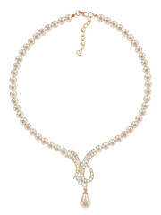 pearl beads with gold pendant with inserts of gems