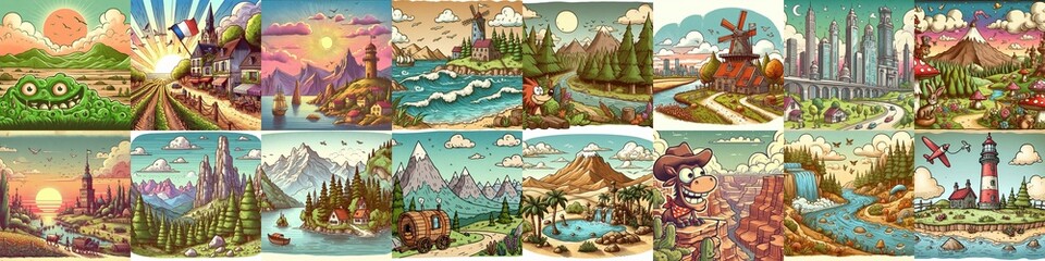 Funny cartoon landscapes. AI generated illustration