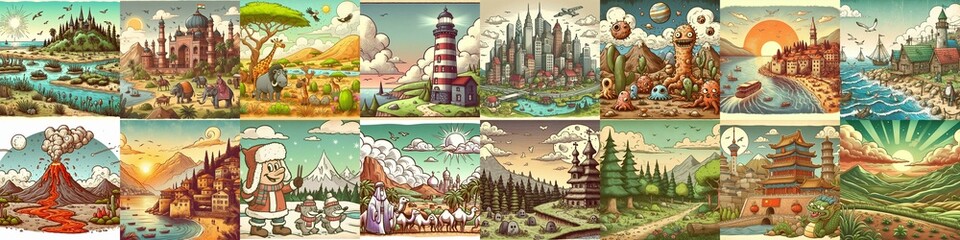 Obraz premium Funny cartoon landscapes. AI generated illustration