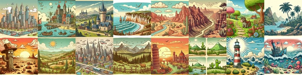 Funny cartoon landscapes. AI generated illustration