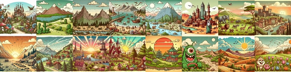 Funny cartoon landscapes. AI generated illustration