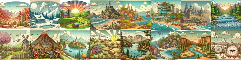 Funny cartoon landscapes. AI generated illustration