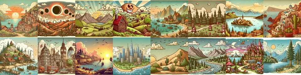 Funny cartoon landscapes. AI generated illustration
