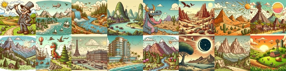 Funny cartoon landscapes. AI generated illustration