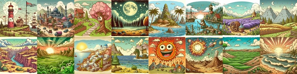 Funny cartoon landscapes. AI generated illustration