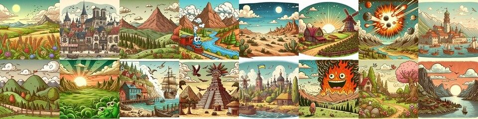 Obraz premium Funny cartoon landscapes. AI generated illustration