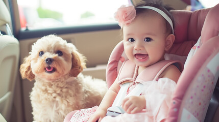 A happy baby sits in a car seat beside an adorable puppy in a bright, modern car.