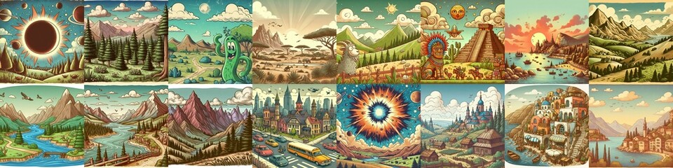 Fototapeta premium Funny cartoon landscapes. AI generated illustration