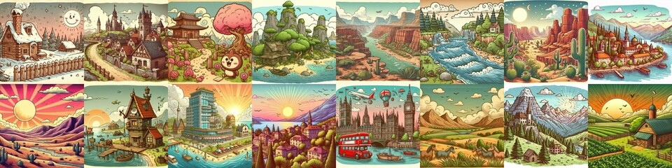 Funny cartoon landscapes. AI generated illustration