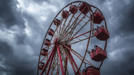Red ferris wheel against a dramatic cloudy sky.