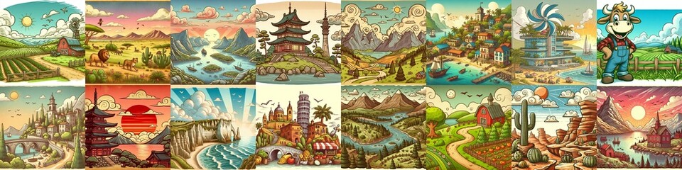 Funny cartoon landscapes. AI generated illustration