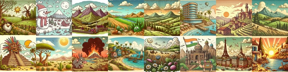 Funny cartoon landscapes. AI generated illustration