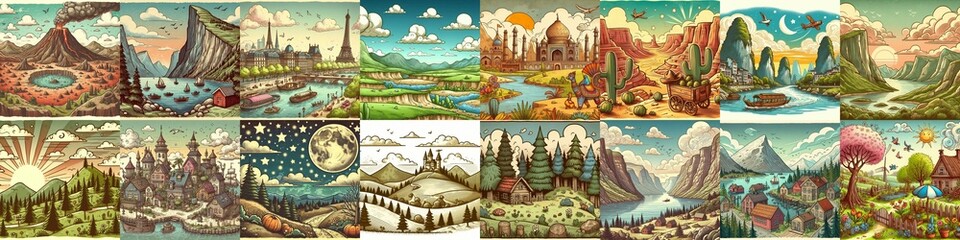 Obraz premium Funny cartoon landscapes. AI generated illustration