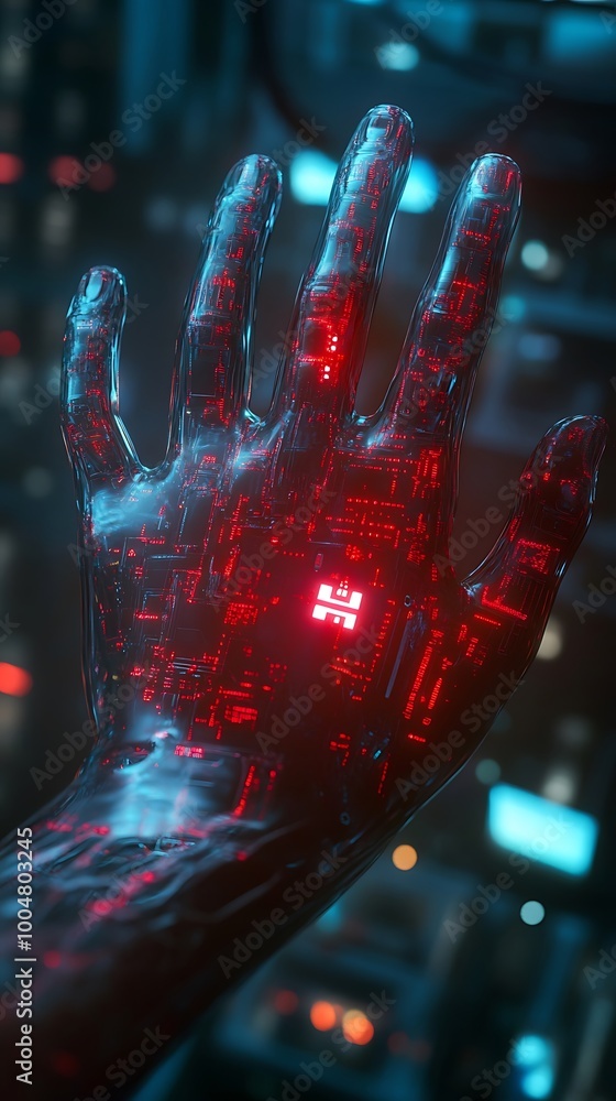 Poster glowing futuristic hand showcasing intricate circuit board components and illumination image