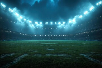 dramatic nighttime backdrop of a bustling rugby stadium illuminated by powerful lighting that highlights the energy and excitement of the game creating a thrilling ambiance