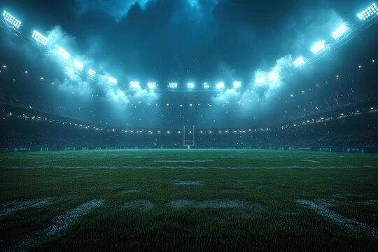 dramatic nighttime backdrop of a bustling rugby stadium illuminated by powerful lighting that highlights the energy and excitement of the game creating a thrilling ambiance