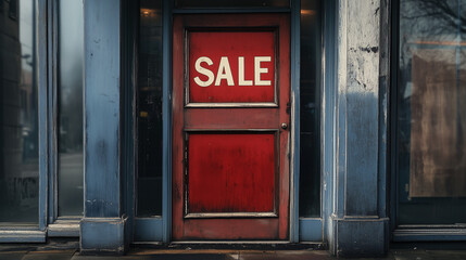 Fototapeta premium Red door with 'SALE' sign in urban setting.