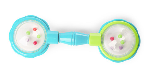 Colorful rattle isolated on white, top view. Baby accessory