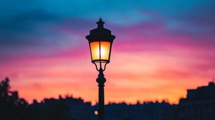 Streetlamp against vibrant sunset in urban landscape, tranquil atmosphere concept