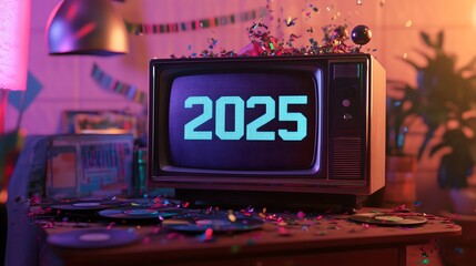 Vintage living room with retro tv and records 2025