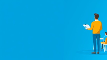 A corporate trainer standing in front of a group of employees, presenting a training module with ample space for text on the left side. Flat design