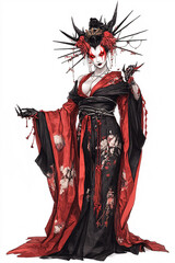 Fototapeta premium Stylized demon geisha illustration featuring traditional Japanese kimono, horns, and dark fantasy elements, blending beauty and horror with striking red and black contrasts.