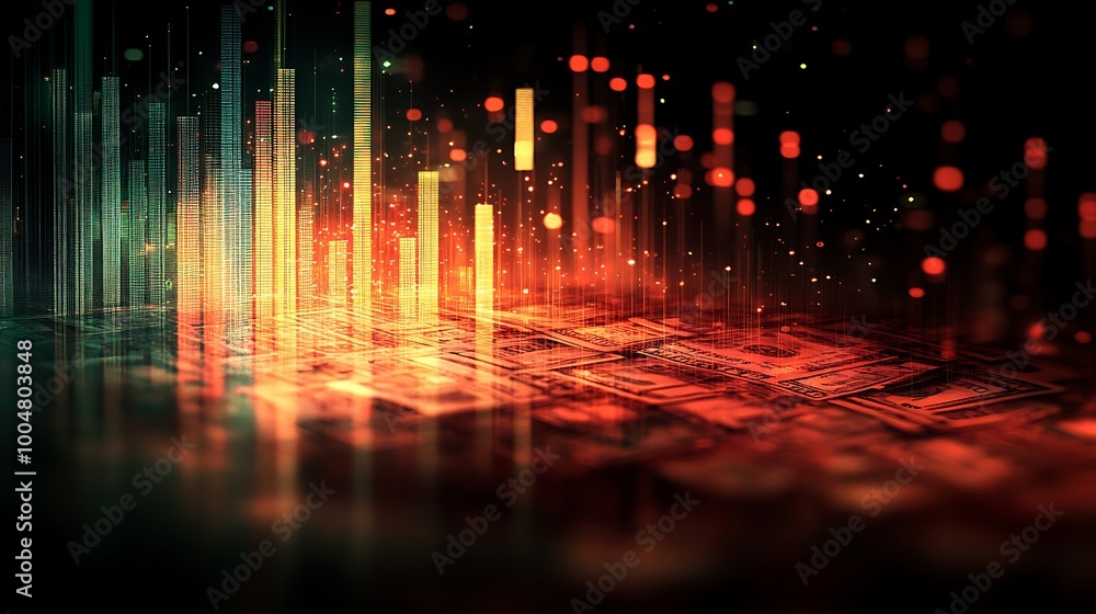 Poster abstract 3d digital rendering of glowing geometric shapes with a futuristic, technological theme