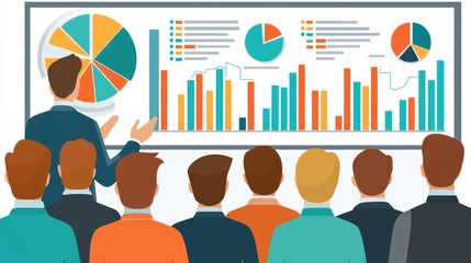 A corporate trainer standing in front of a group of employees, presenting a training module with ample space for text on the left side. Flat design