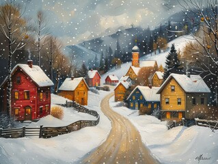 Traditional Folk Art Painting of Scandinavian Village in Winter. Bright Colors, Wooden Textures,  Festive Charm and Nordic Heritage