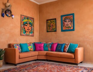 Modern living room featuring a stylish coral sofa, minimalist coffee table, and elegant lamp