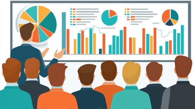 A corporate trainer standing in front of a group of employees, presenting a training module with ample space for text on the left side. Flat design