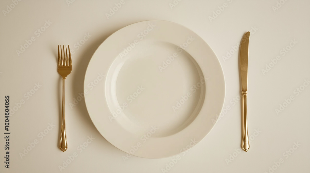 Wall mural a white plate with a fork and knife on either side.