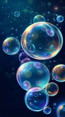 Iridescent soap bubbles floating in a night