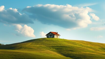 Lonely small house on top of a green hill. AI generative.