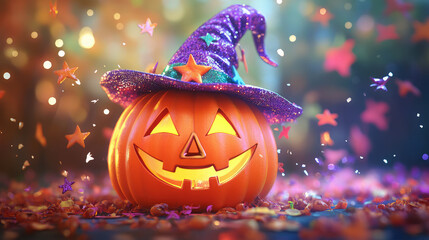 Naklejka premium A cheerful bright orange 3D pumpkin with a big grin, adorned in a vibrant witch costume, surrounded by twinkling stars and elements of Halloween magic.