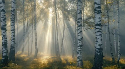 Obraz premium Birch grove in the mist, illuminated by the rays of the rising sun. AI generative.