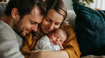 Obraz premium Family bonding moment with parents and newborn in a cozy home setting.