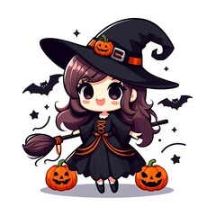 Cute flat-style illustration of a Halloween witch with a playful expression. Perfect for festive designs, kid-friendly Halloween content, and fun seasonal decorations. Simple and whimsical composition